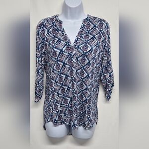 Max Jeans S Slinky Stretch Knit Pullover Top Adjustable Sleeve Geometric Print